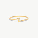 14K solid gold lightning bolt ring featuring a minimalist geometric thunder bolt silhouette crafted from polished yellow gold on a white background.