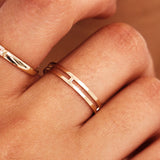 Close Up Of Minimalist Double Band Gold Ring On Hand