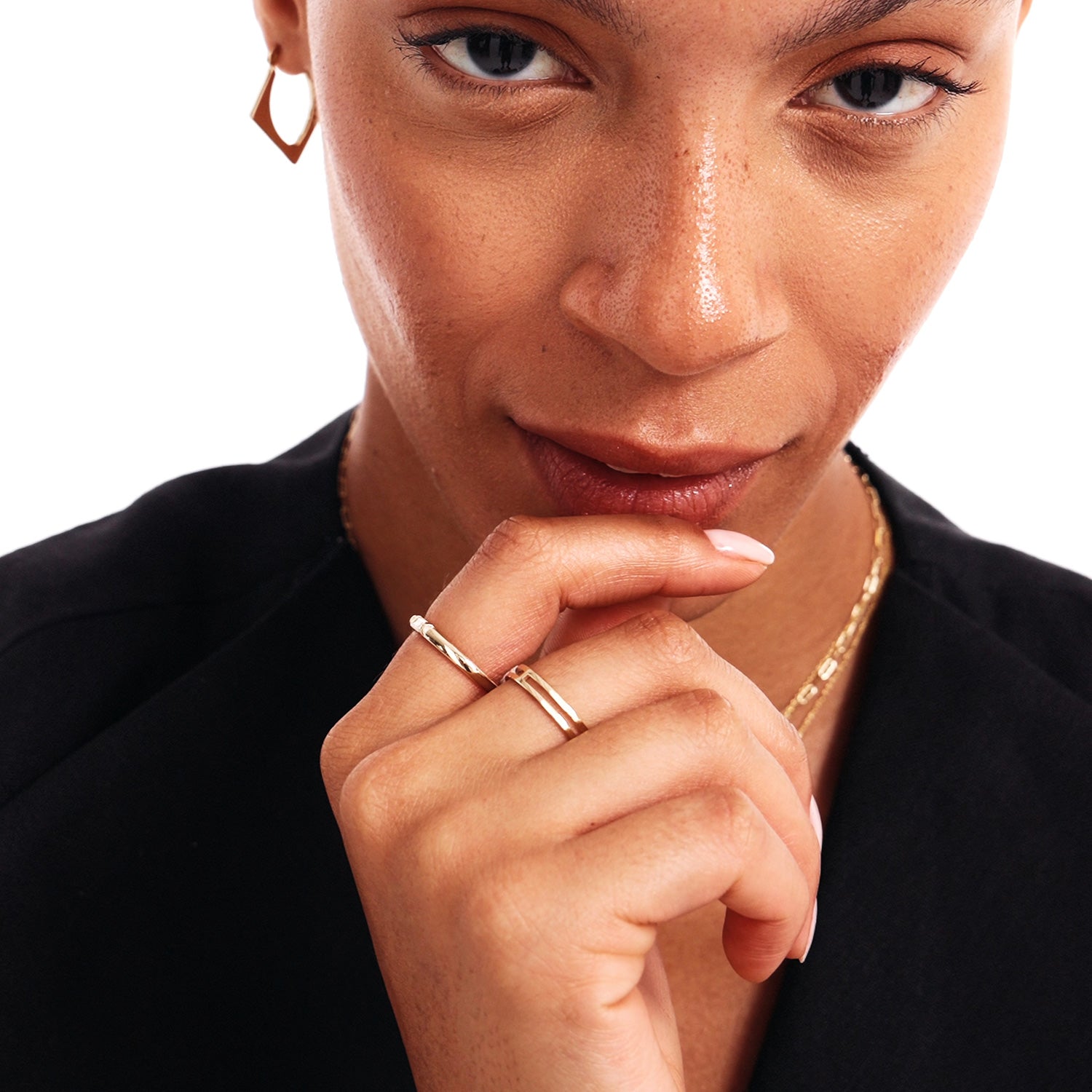 Woman Wearing Modern Minimalist Double Band Ring Jewelry