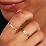 Woman Wearing Delicate Double Band Gold Ring Everyday Jewelry