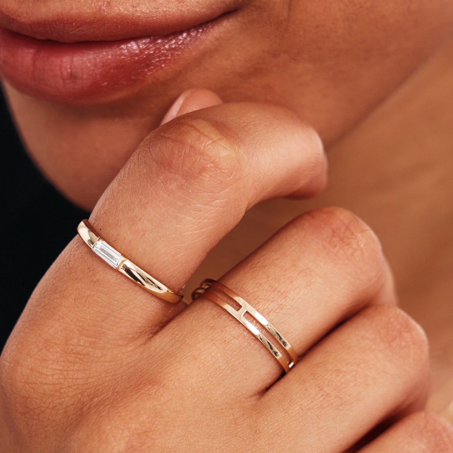 Woman Wearing Delicate Double Band Gold Ring Everyday Jewelry
