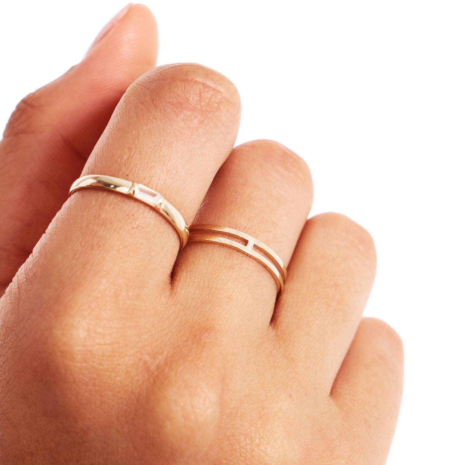 Woman Wearing Delicate Double Band Gold Ring Everyday Jewelry