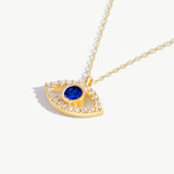 14K Solid Gold Evil Eye Necklace with Sapphire and Cubic Zirconia