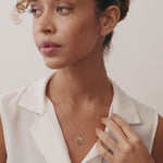 14K Real Solid Gold Initial Tag Necklace featuring a customizable rectangular pendant engraved with an initial, shown on a woman’s neck. A delicate, personalized gold bar necklace perfect for gifts and layering.