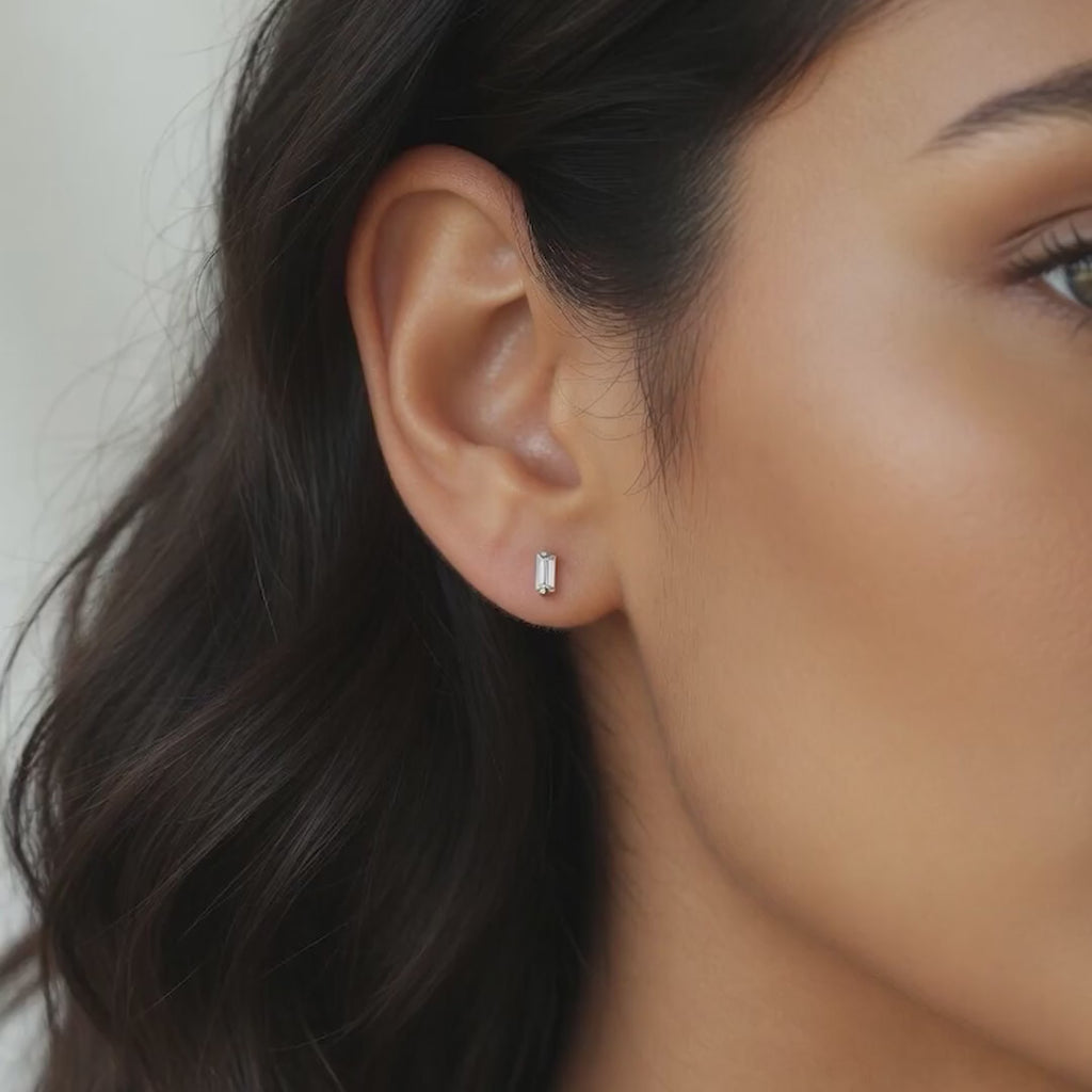 Woman Wearing Minimalist Baguette Diamond Stud Earrings