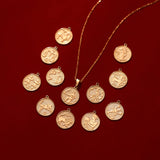14K Solid Gold Zodiac Necklace, Astrology Sign Coin, Horoscope Pendant
